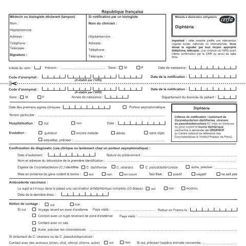 Aperçu du document Maladie à déclaration obligatoire - Diphtérie — Professionnels, France (CERFA n°12198*03)