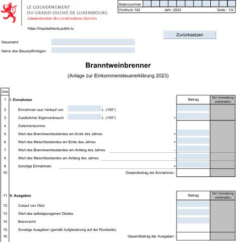 Aperçu du document Anlage: "Branntweinbrenner" — Annexes et bonifications d'impôt, Luxembourg (CERFA n°142)