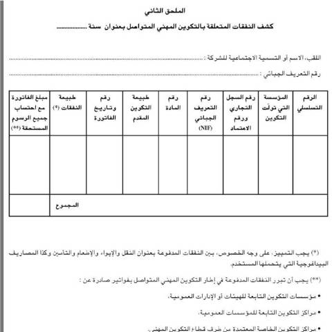 Aperçu du document رسم على التكوين المهني المتواصل والرسم على التمهين – annexe 2 — نماذج التصريح (Formulaires de déclaration), Algérie (CERFA n°annexe 2)