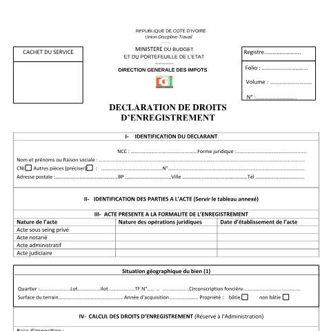 Aperçu du document 12 DECLARATION DES DROITS DENREGISTREMENT — Imprimé / Formulaire fiscal, Côte d'Ivoire
