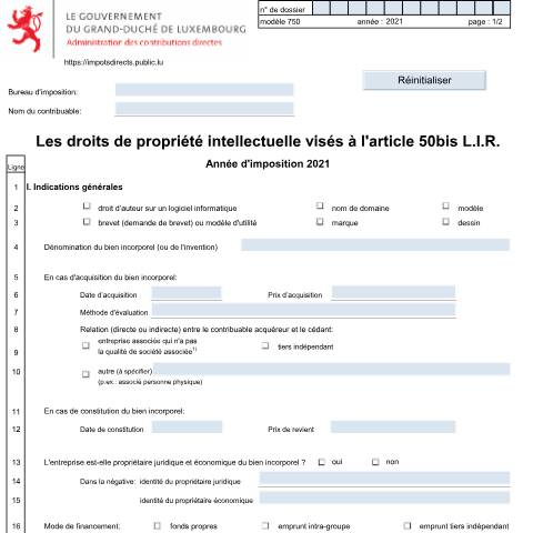 Aperçu du document Droits de propriété intellectuelle visés à l'article 50bis — Annexes et bonifications d'impôt, Luxembourg (CERFA n°750 F)