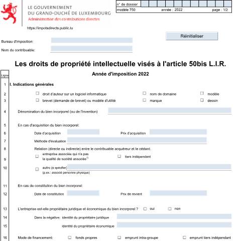 Aperçu du document Droits de propriété intellectuelle visés à l'article 50bis — Annexes et bonifications d'impôt, Luxembourg (CERFA n°750 F)