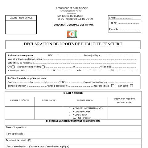 Aperçu du document 13 DECLARATION DE DROITS DE PUBLICITE FONCIERE — Imprimé / Formulaire fiscal, Côte d'Ivoire