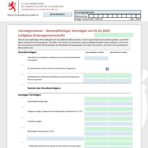 Aperçu du document Déclaration de la fortune d'une congrégation religieuse Vermögenserklärung einer religiösen Ordensgemeinschaft Net worth tax return of a religious congregation — Déclarations téléchargeables au format PDF (pour les années 2021 à 2025), Luxembourg (CERFA n°CRF_D)