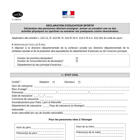 Aperçu du document Faire une déclaration d'éducateur sportif (par courrier) — Particuliers, France (CERFA n°12699*03)