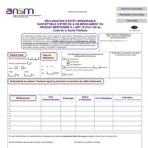 Aperçu du document Déclaration d'effet indésirable susceptible d'être dû à un médicament ou produit — Particuliers, France (CERFA n°10011*07)