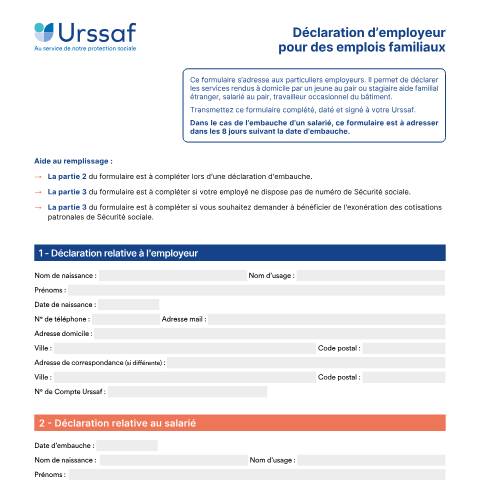 Aperçu du document Déclaration d'embauche d'un emploi familial — Particuliers, France (CERFA n°11469*03)
