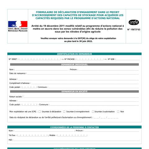 Aperçu du document Déclaration d'engagement dans le projet d'accroissement des capacités de stockage pour acquérir les capacités requises par le programme d'actions national — Professionnels, France (CERFA n°15672*03)