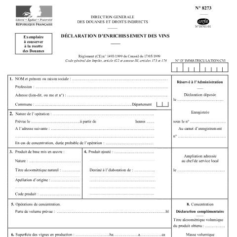 Aperçu du document Déclaration d'enrichissement des vins — Professionnels, France (CERFA n°10701*01)