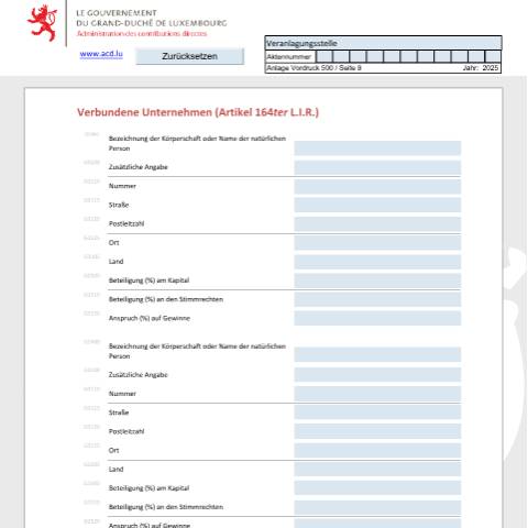 Aperçu du document Entreprises associées (article 164ter L.I.R.) Verbun dene Unternehmen (Artikel 164ter L.I.R.) Associated enterprises (article 164ter L.I.R.) — Déclarations téléchargeables au format PDF (pour les années 2021 à 2025), Luxembourg (CERFA n°ead)