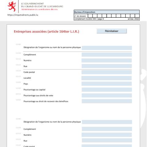 Aperçu du document Entreprises associées (article 164ter L.I.R.) Verbun dene Unternehmen (Artikel 164ter L.I.R.) Associated enterprises (article 164ter L.I.R.) — Déclarations téléchargeables au format PDF (pour les années 2021 à 2025), Luxembourg (CERFA n°ea-f)