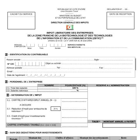 Aperçu du document 16 IMPRIME DE DECLARATION DES ENTREPRISES DE LA ZBTIC — Imprimé / Formulaire fiscal, Côte d'Ivoire