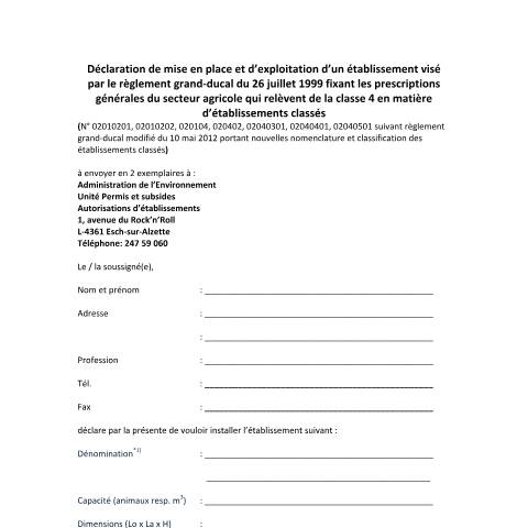 Aperçu du document Secteur agricole - Déclarations de mise en place et d'exploitation d'un établissement de classe 4 — Etablissements classes, Luxembourg (CERFA n°declaration-secteur-agricole)
