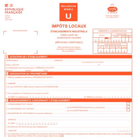 Aperçu du document Déclaration d'un établissement industriel (formulaire n° 6701 modèle U) — Professionnels, France (CERFA n°10516)