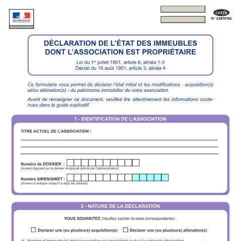 Aperçu du document Déclaration de l'état des immeubles dont l'association est propriétaire (formulaire) — Particuliers, France (CERFA n°13970*01)