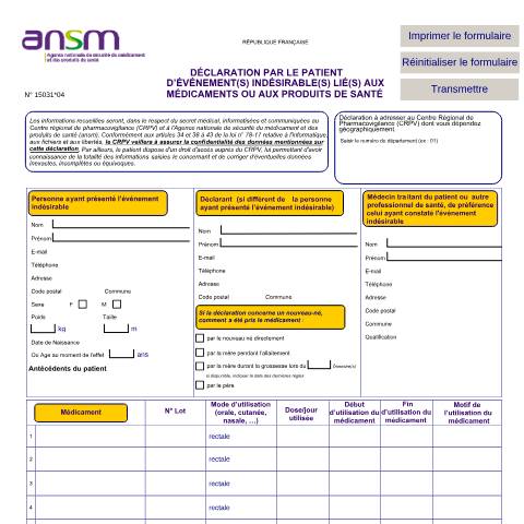 Aperçu du document Déclaration via un formulaire par le patient d'événements indésirables liés aux médicaments ou aux produits de santé — Particuliers, France (CERFA n°15031*04)