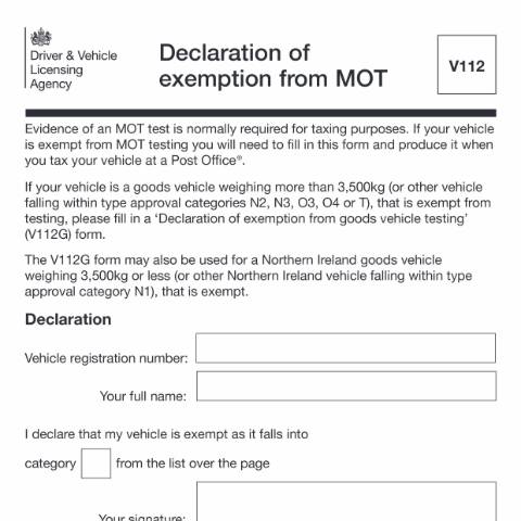 Document preview: Declaration of exemption from MOT (V112) — Driver and Vehicle Licensing Agency, United Kingdom