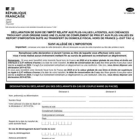 Aperçu du document Déclaration "Exit tax" (suivi allégé de l'imposition) — Professionnels, France (CERFA n°15901*08)