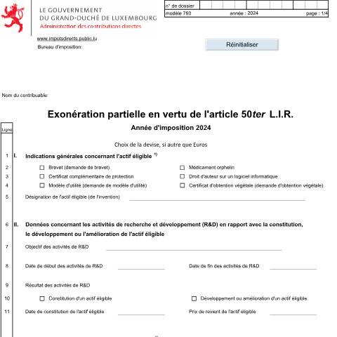 Aperçu du document Droits de propriété intellectuelle visés à l'article 50ter — Annexes et bonifications d'impôt, Luxembourg (CERFA n°760 F)