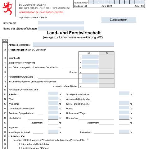 Aperçu du document Anlage: "Land- und Forstwirtschaft" — Annexes et bonifications d'impôt, Luxembourg (CERFA n°144 D)