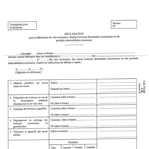Aperçu du document Déclaration pour la fabrication de vins mousseux, d’autres boissons fermentées mousseuses ou des produits intermédiaires mousseux — Alcool et boissons alcoolisées, Belgique (CERFA n°ACC_FORM_Declaration fabrication mousseuses-2017-03-20)