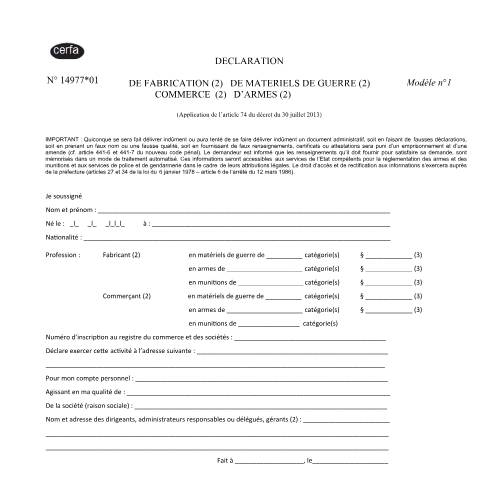 Aperçu du document Déclaration de fabrication et de commerce de guerre, commerce, d'armes — Professionnels, France (CERFA n°14977*01)