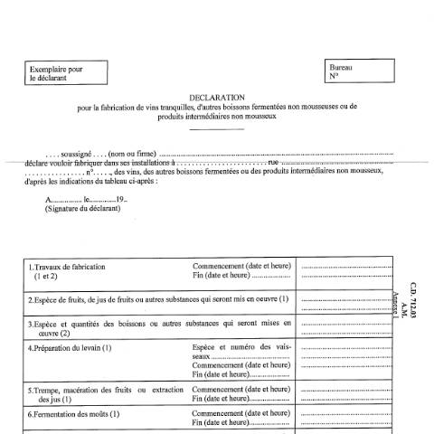 Aperçu du document Déclaration pour la fabrication de vins tranquilles, d’autres boissons fermentées non mousseuses ou des produits intermédiaires non mousseux — Alcool et boissons alcoolisées, Belgique (CERFA n°ACC_FORM_Declaration fabrication non mousseuses-2017-03-20)