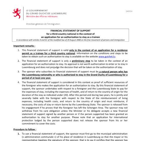 Aperçu du document en Financial statement of support for unremunerated trainee — Immigration tiers stagiaire, Luxembourg (CERFA n°stagiaire-prise-charge-financiere)