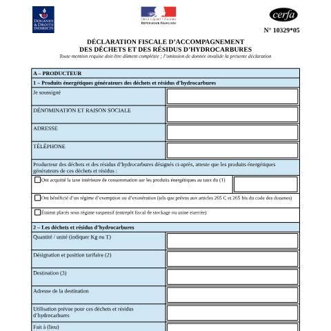 Aperçu du document Déclaration fiscale d'accompagnement (DFA) des déchets et résidus d'hydrocarbures — Professionnels, France (CERFA n°10329*05)