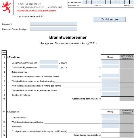 Aperçu du document Anlage: "Branntweinbrenner" — Annexes et bonifications d'impôt, Luxembourg (CERFA n°142)