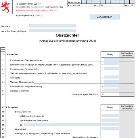 Aperçu du document Anlage: "Obstzüchter" — Annexes et bonifications d'impôt, Luxembourg (CERFA n°143)
