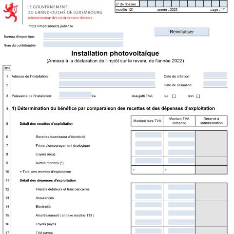 Aperçu du document Annexe: "Installation photovoltaïque" — Annexes et bonifications d'impôt, Luxembourg (CERFA n°121)