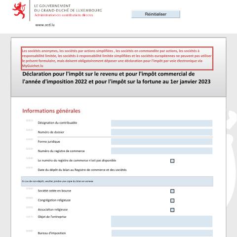 Aperçu du document Déclaration pour l'impôt sur le revenu et l'impôt commercial de l'année d'imposition et pour l'impôt sur la fortune au 1er janvier de l'année d'imposition N+1 — Déclarations téléchargeables au format PDF (pour les années 2021 à 2025), Luxembourg (CERFA n°500 F)