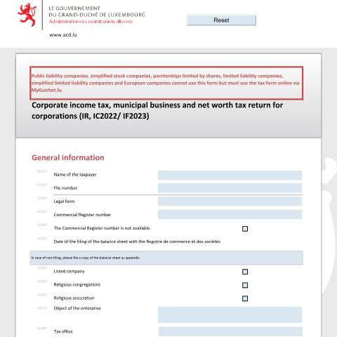 Aperçu du document Corporate income and municipal business tax return for the tax year and net worth tax return for the tax year N+1 — Déclarations téléchargeables au format PDF (pour les années 2021 à 2025), Luxembourg (CERFA n°500 E)