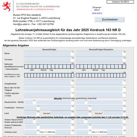 Aperçu du document Lohnsteuerjahresausgleich ( nichtansässige steuerpflichtige Arbeitnehmer und Rentner) — Formulaires fiscaux, Luxembourg (CERFA n°163 NR D)