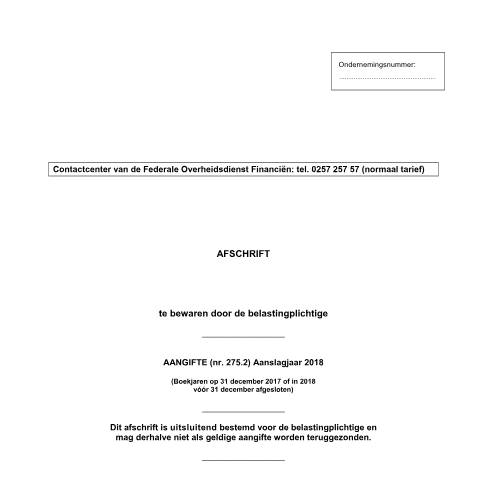 Aperçu du document Aangifte in de belasting niet-inwoners-vennootschappen - aanslagjaar 2018 (PDF, 345.25 KB) — FOD Financiën, Belgique (CERFA n°121-275-2-aangifte-2018)