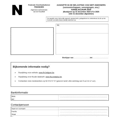 Aperçu du document Aangifte in de belasting niet-inwoners-vennootschappen - aanslagjaar 2025 (PDF, 738.08 KB) — FOD Financiën, Belgique (CERFA n°121-aangifte-bni-ven-2025)