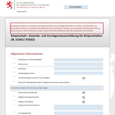 Aperçu du document Körperschaft- und Gewerbesteuererklärung des Steuerjahres und Vermögensteuererklärung des Steuerjahres N+1 — Déclarations téléchargeables au format PDF (pour les années 2021 à 2025), Luxembourg (CERFA n°500 D)