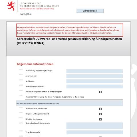 Aperçu du document Körperschaft- und Gewerbesteuererklärung des Steuerjahres und Vermögensteuererklärung des Steuerjahres N+1 — Déclarations téléchargeables au format PDF (pour les années 2021 à 2025), Luxembourg (CERFA n°500 D)