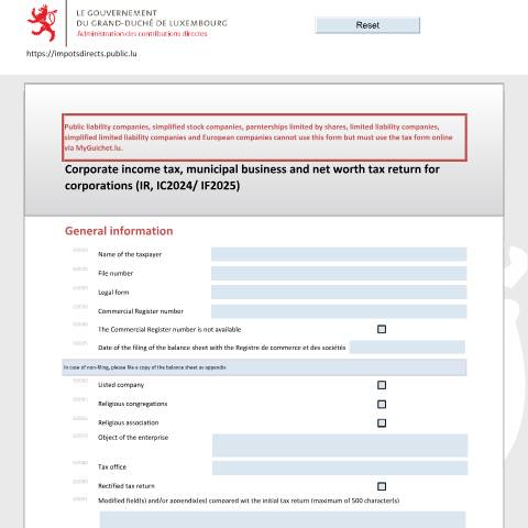 Aperçu du document Corporate income and municipal business tax return for the tax year and net worth tax return for the tax year N+1 — Déclarations téléchargeables au format PDF (pour les années 2021 à 2025), Luxembourg (CERFA n°500 E)