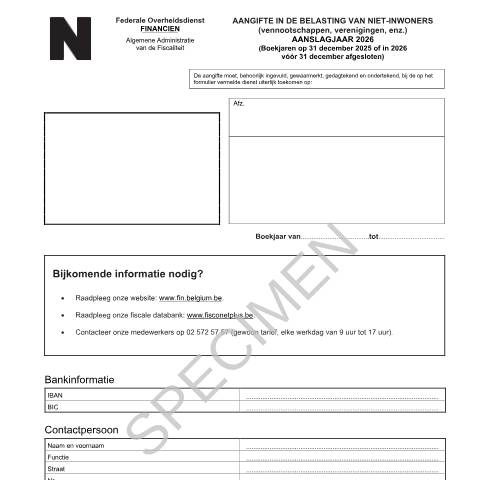 Aperçu du document Aangifte in de belasting niet-inwoners-vennootschappen - aanslagjaar 2026 (PDF, 456.01 KB) — Documenten, Belgique (CERFA n°121-aangifte-bni-ven-2026)
