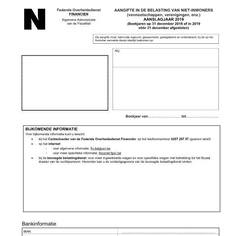 Aperçu du document Aangifte in de belasting niet-inwoners-vennootschappen - aanslagjaar 2019 (PDF, 255.28 KB) — FOD Financiën, Belgique (CERFA n°121-275-2-aangifte-2019)
