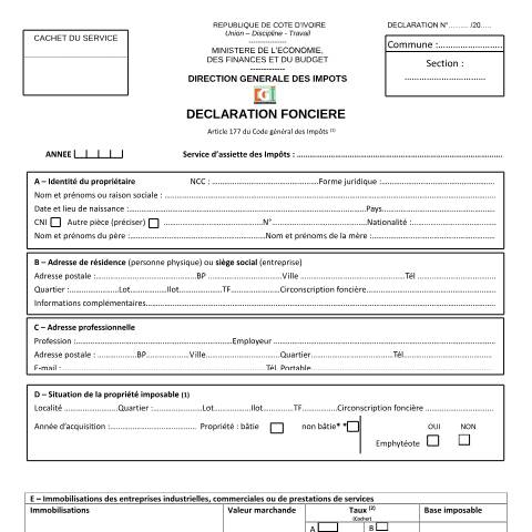 Aperçu du document DECLARATION FONCIERE — Imprimé / Formulaire fiscal, Côte d'Ivoire