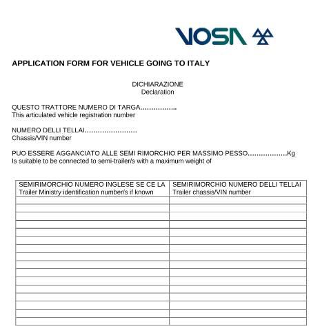 Document preview: Declaration for articulated vehicles going to Italy — Driver and Vehicle Standards Agency, United Kingdom