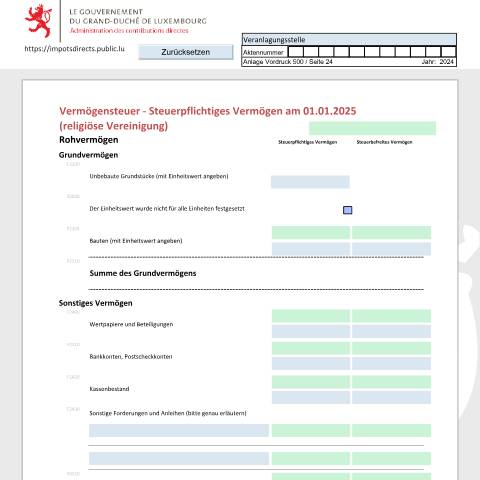 Aperçu du document Déclaration de la fortune d'une association religieuse Vermögenserklärung einer religiösen Vereinigung Net worth tax return of a religious association — Déclarations téléchargeables au format PDF (pour les années 2021 à 2025), Luxembourg (CERFA n°ARF_D)
