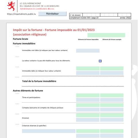 Aperçu du document Déclaration de la fortune d'une association religieuse Vermögenserklärung einer religiösen Vereinigung Net worth tax return of a religious association — Déclarations téléchargeables au format PDF (pour les années 2021 à 2025), Luxembourg (CERFA n°arf-f)