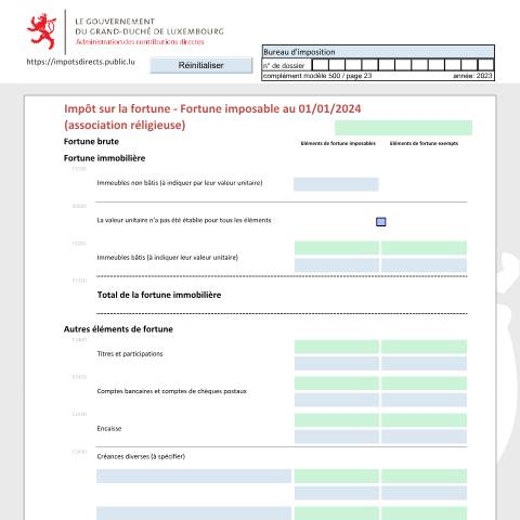Aperçu du document Déclaration de la fortune d'une association religieuse Vermögenserklärung einer religiösen Vereinigung Net worth tax return of a religious association — Déclarations téléchargeables au format PDF (pour les années 2021 à 2025), Luxembourg (CERFA n°arf-f)