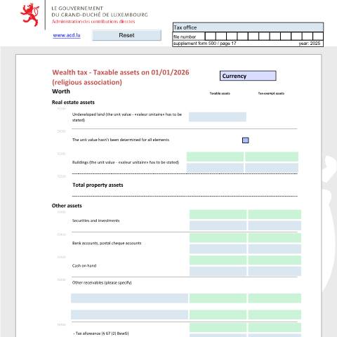 Aperçu du document Déclaration de la fortune d'une association religieuse Vermögenserklärung einer religiösen Vereinigung Net worth tax return of a religious association — Déclarations téléchargeables au format PDF (pour les années 2021 à 2025), Luxembourg (CERFA n°arfe)