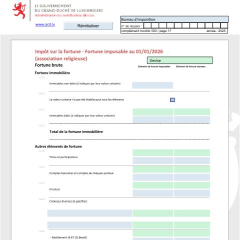 Aperçu du document Déclaration de la fortune d'une association religieuse Vermögenserklärung einer religiösen Vereinigung Net worth tax return of a religious association — Déclarations téléchargeables au format PDF (pour les années 2021 à 2025), Luxembourg (CERFA n°arff)