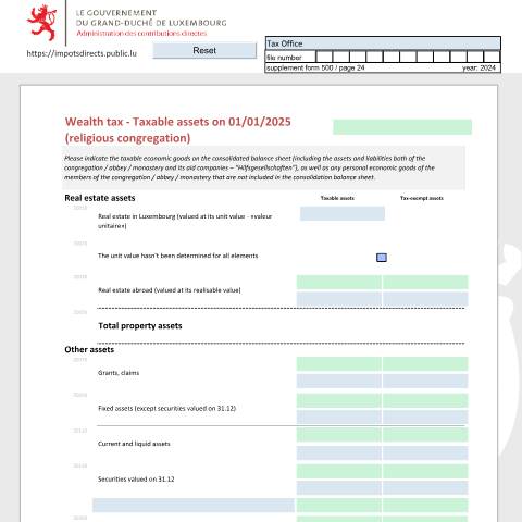 Aperçu du document Déclaration de la fortune d'une congrégation religieuse Vermögenserklärung einer religiösen Ordensgemeinschaft Net worth tax return of a religious congregation — Déclarations téléchargeables au format PDF (pour les années 2021 à 2025), Luxembourg (CERFA n°CRF_E)